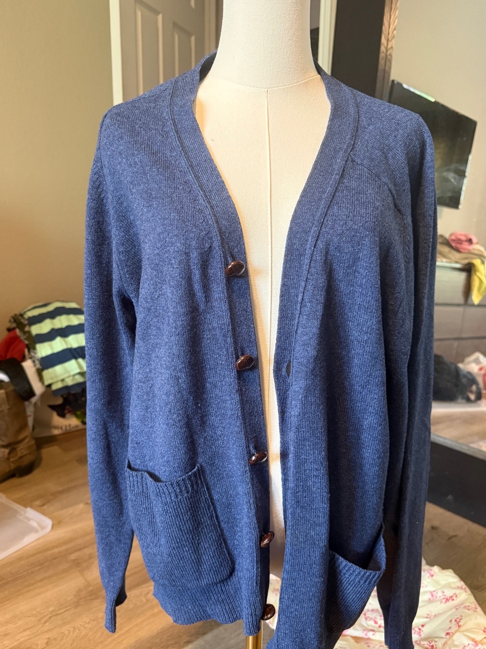 Vintage LL Bean 100 Percent Wool Navy Blue Button-Front Cardigan